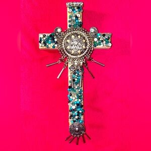 Wood ✝️of Repurposed Jewelry w/ Rhinestones, silver, blue, turquoise hues colors